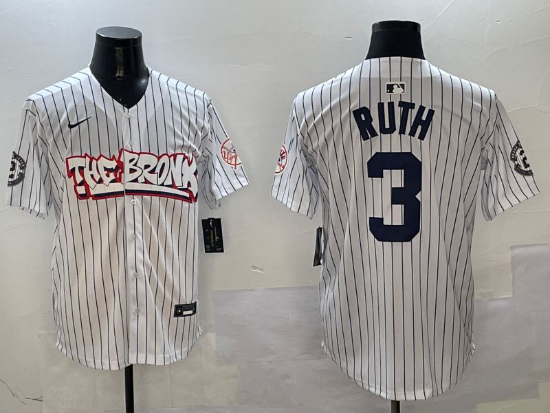 Men New York Yankees #3 Ruth White Stripe four generations Joint Name 2025 Nike MLB Jersey style 1->new york yankees->MLB Jersey